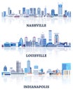 Vector collection of United States cityscapes: Nashville, Louisville, Indianapolis skylines in tints of blue color palette. ÃÂ¡ Royalty Free Stock Photo